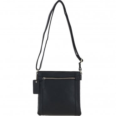 Two Section Zip Top Leather Crossbody Bag Black: K-45