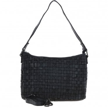 Vintage Woven Leather Shoulder Bag Black:  D-73