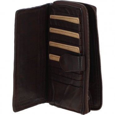 Vintage Woven Leather Zip Around Large 22 Card Coin Note Purse Dark Brown : D-84