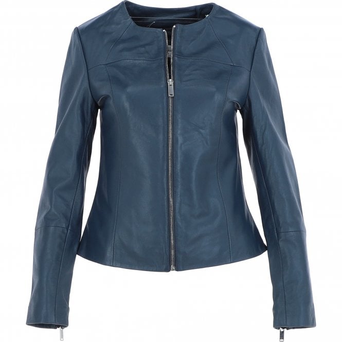 Ashwood Women's Collarless Leather Fashion Jacket Navy: AWL-284