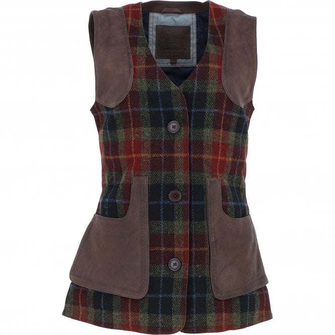 Ashwood Women's Country Tailored Buttoned Gilet with Leather Trim Brown/Red/Green: TW-704-07-BR