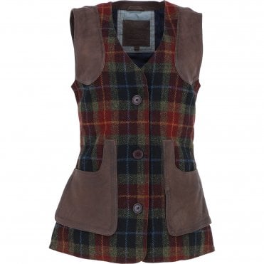 Ashwood Women's Country Tailored Buttoned Gilet with Leather Trim Brown/Red/Green: TW-704-07-BR
