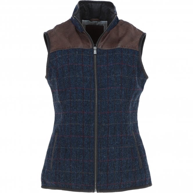 Ashwood Women's Country Tweed Check Waistcoat with Leather Trim Brown/Navy: TW-702-11-BN
