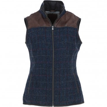 Ashwood Women's Country Tweed Check Waistcoat with Leather Trim Brown/Navy: TW-702-11-BN