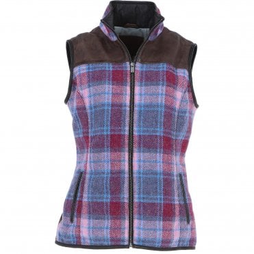 Ashwood Women's Country Tweed Check Waistcoat with Leather Trim Brown/Pink: TW-702-15-BP