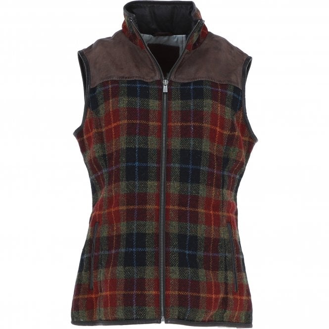 Ashwood Women's Country Tweed Check Waistcoat with Leather Trim Brown/Red/Green: TW-702-07-BR