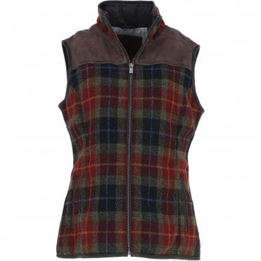 Ashwood Women's Country Tweed Check Waistcoat with Leather Trim Brown/Red/Green: TW-702-07-BR