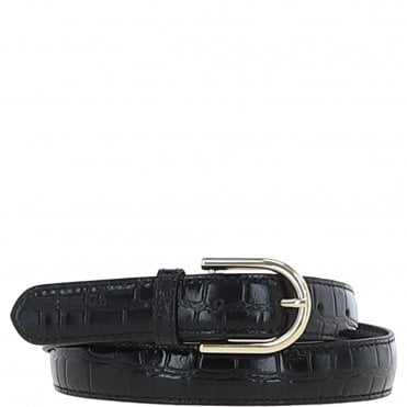 Women's Croc Print Leather Belt with Gold Metal Pin Buckle Black: C-99