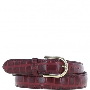 Women's Croc Print Leather Belt with Gold Metal Pin Buckle Bordeaux: C-99