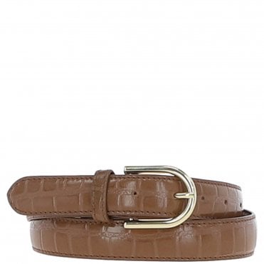 Women's Croc Print Leather Belt with Gold Metal Pin Buckle Tan: C-99