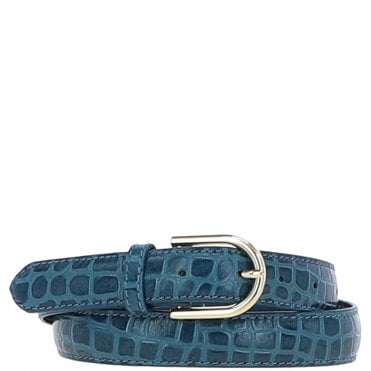 Women's Croc Print Leather Belt with Gold Metal Pin Buckle Teal: C-99
