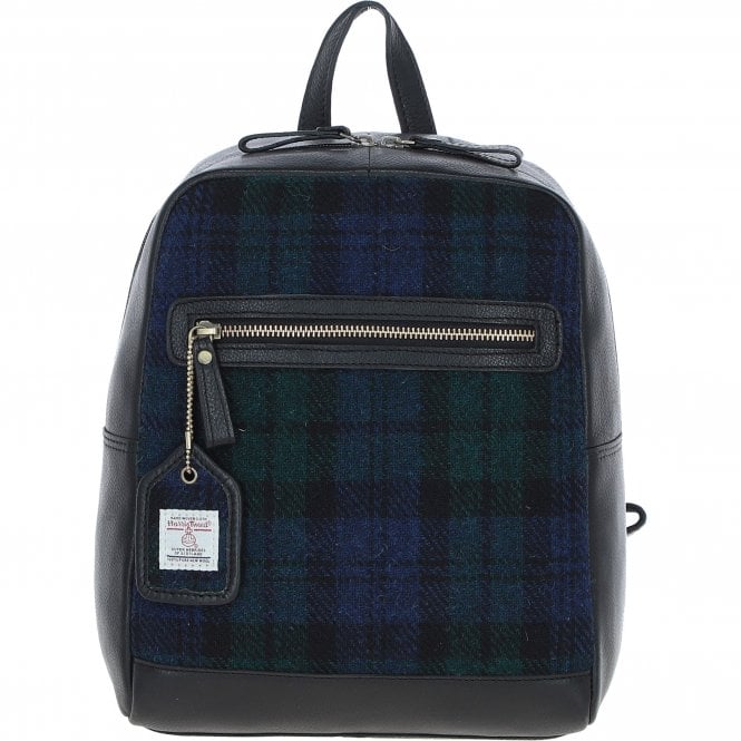 Ashwood Authentic Leather & Harris Tweed® Cloth Backpack Black/Watch: TW-28-03-BW
