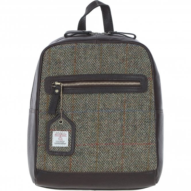 Ashwood Authentic Leather & Harris Tweed® Cloth Backpack Brown/Green: TW-28-09-BG