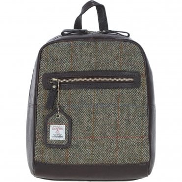 Authentic Ashwood Leather & Harris Tweed® Cloth Backpack Brown/Green: TW-28-09-BG