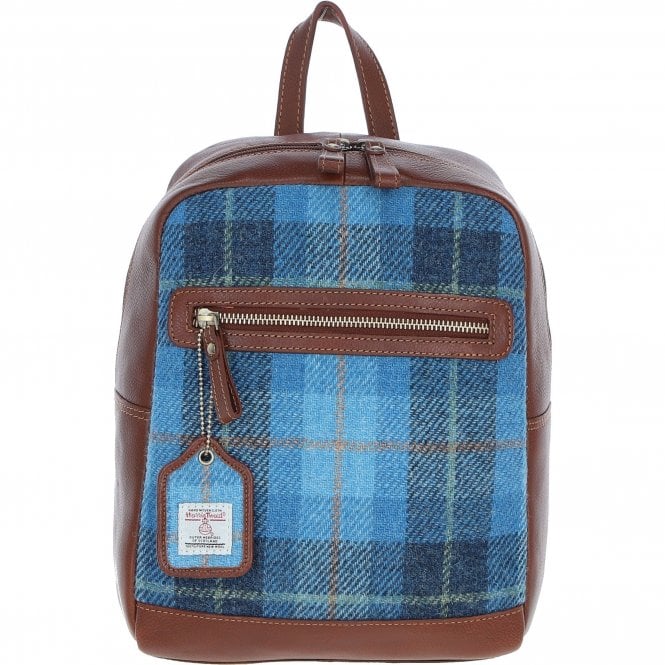 Ashwood Authentic Leather & Harris Tweed® Cloth Backpack Tan/LT Blue: TW-28-05-TB
