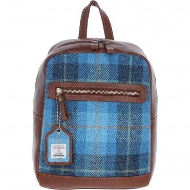 Authentic Ashwood Leather & Harris Tweed® Cloth Backpack Tan/LT Blue: TW-28-05-TB