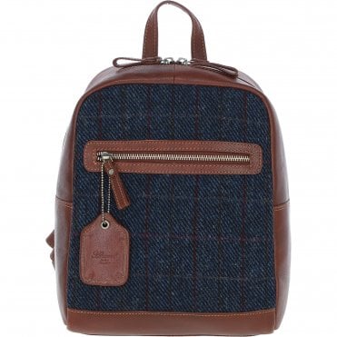 Authentic Ashwood Leather & Harris Tweed® Cloth Backpack Tan/Navy: TW-28-11-TN
