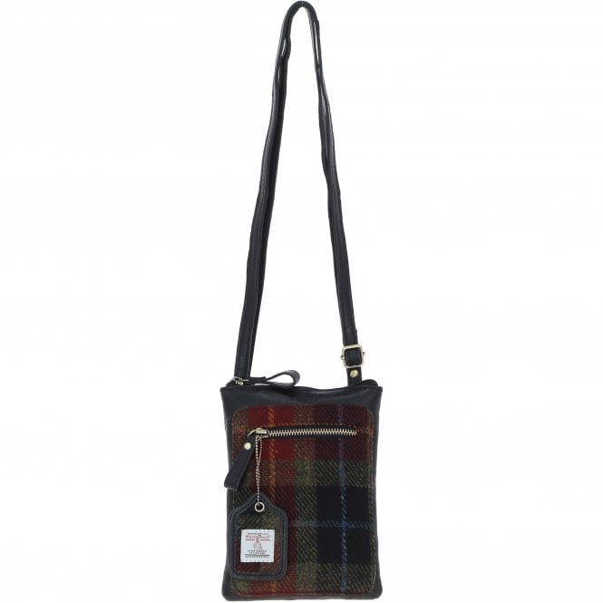 Ashwood Authentic Leather & Harris Tweed® Cloth Crossbody Bag Black/Green/Red: TW-29-07-BR