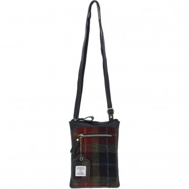 Authentic Ashwood Leather & Harris Tweed® Cloth Crossbody Bag Black/Green/Red: TW-29-07-BR