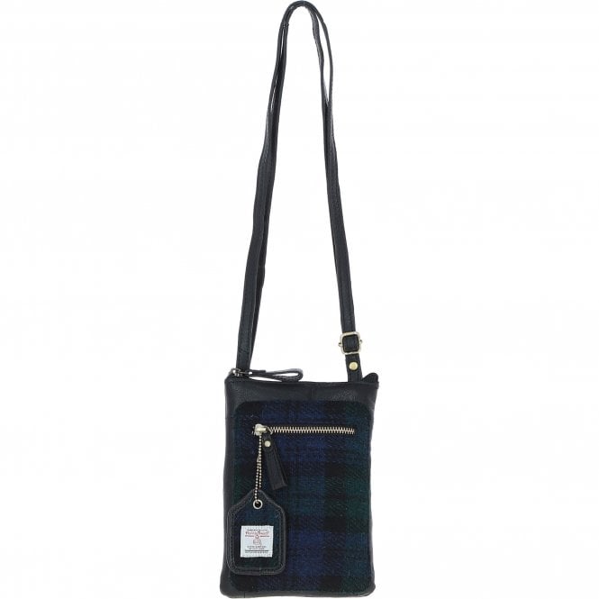 Ashwood Authentic Leather & Harris Tweed® Cloth Crossbody Bag Black/Watch: TW-29-03-BW