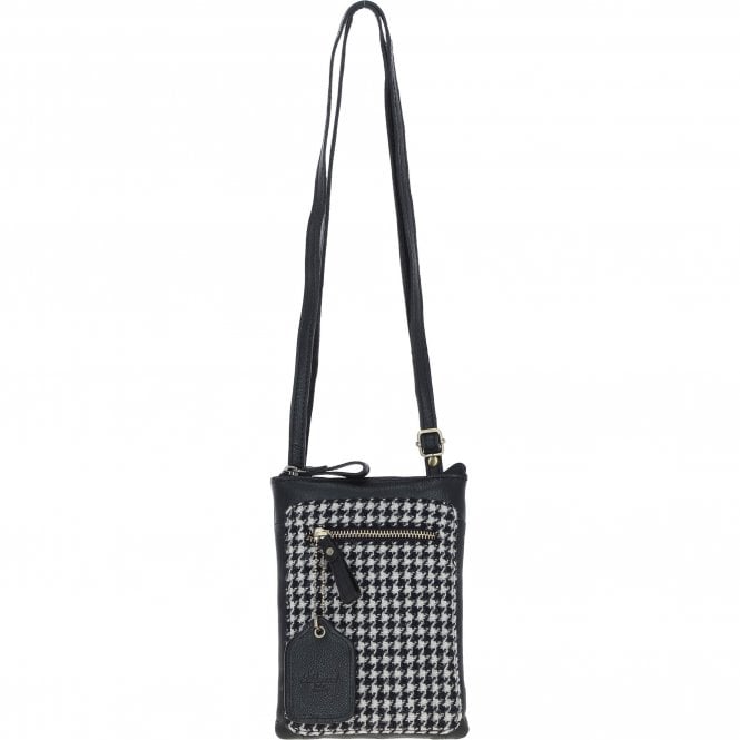 Ashwood Authentic Leather & Harris Tweed® Cloth Crossbody Bag Black/White: TW-29-012-BW