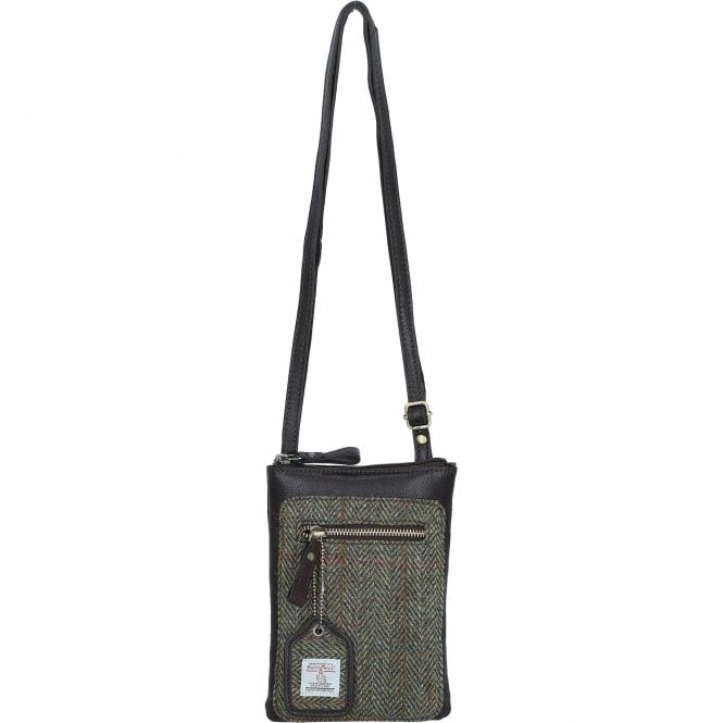 Ashwood Authentic Leather & Harris Tweed® Cloth Crossbody Bag Brown/Green: TW-29-09-BG