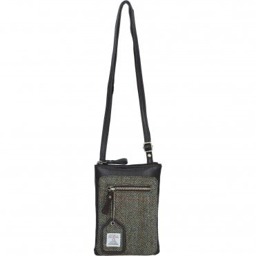 Authentic Ashwood Leather & Harris Tweed® Cloth Crossbody Bag Brown/Green: TW-29-09-BG