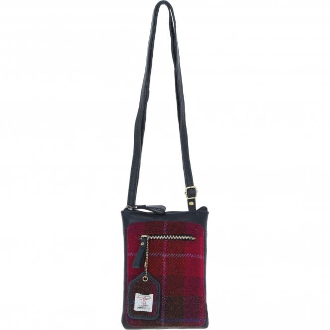 Ashwood Authentic Leather & Harris Tweed® Cloth Crossbody Bag Navy/Pink: TW-29-06-NP