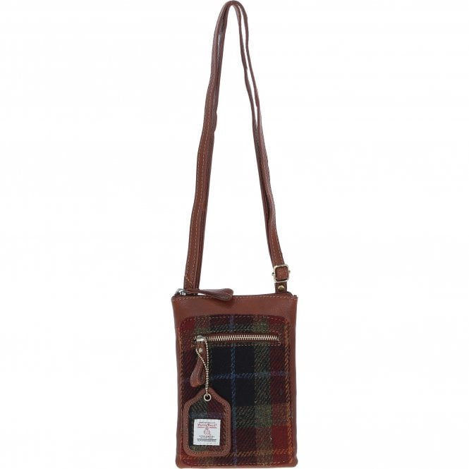 Ashwood Authentic Leather & Harris Tweed® Cloth Crossbody Bag Tan/Green/Red: TW-29-08-TR