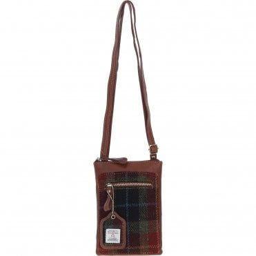 Authentic Ashwood Leather & Harris Tweed® Cloth Crossbody Bag Tan/Green/Red: TW-29-08-TR
