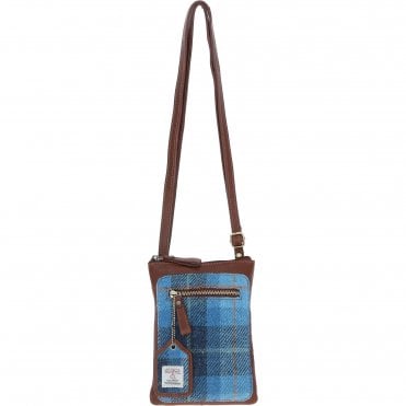 Authentic Ashwood Leather & Harris Tweed® Cloth Crossbody Bag Tan/LT Blue: TW-29-05-TB
