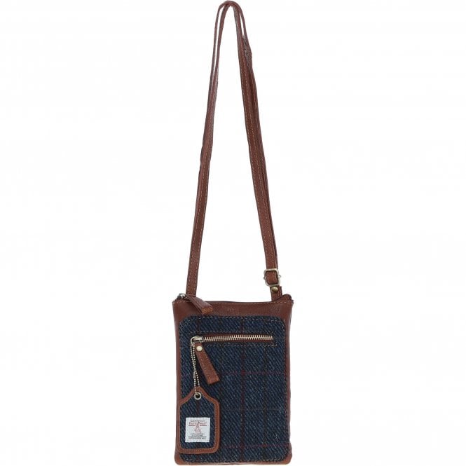 Ashwood Authentic Leather & Harris Tweed® Cloth Crossbody Bag Tan/Navy: TW-29-011-TN