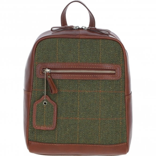 Ashwood Authentic Leather & Tweed Backpack Tan/Green Check: TW-28-10-TGNH