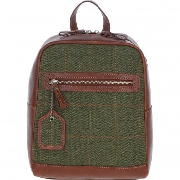 Authentic Ashwood Leather & Tweed Backpack Tan/Green Check: TW-28-10-TGNH