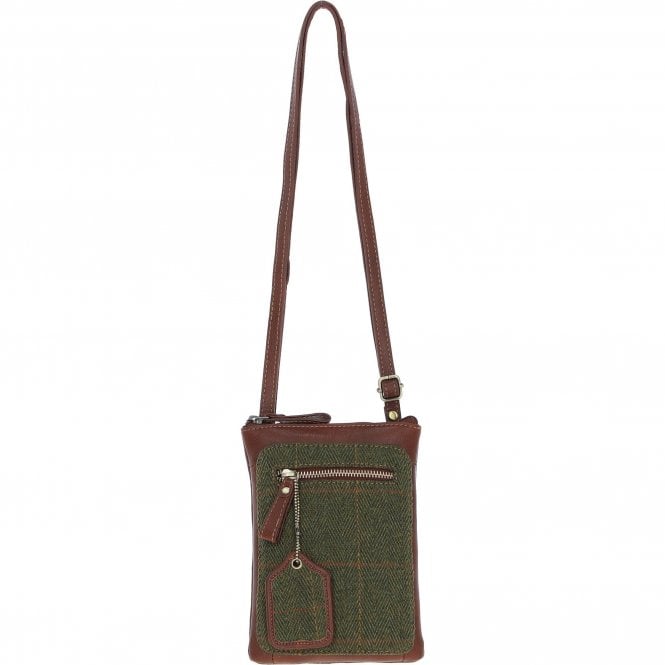 Ashwood Authentic Leather & Tweed Crossbody Bag Tan/Green Check: TW-29-010-TGNH