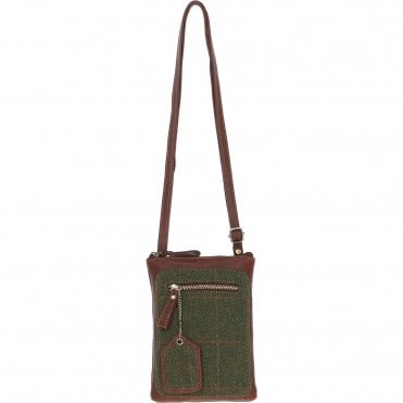 Authentic Ashwood Leather & Tweed Crossbody Bag Tan/Green Check: TW-29-010-TGNH
