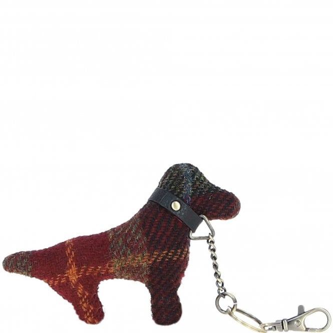 Ashwood Authentic Harris Tweed® Cloth Dog-Shaped Keychain Made By Leather Black/Green/Red: TW-54-07-BR