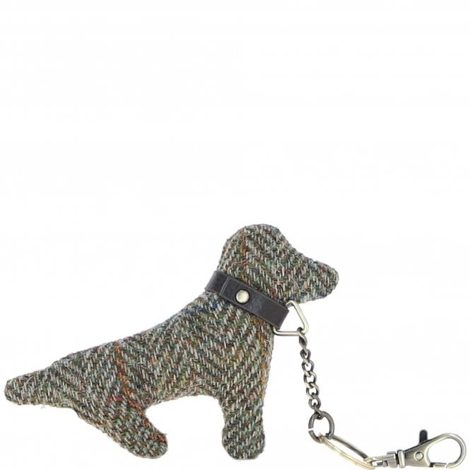 Ashwood Authentic Harris Tweed® Cloth Dog-Shaped Keychain Made By Leather Brown/Green: TW-54-09-BG