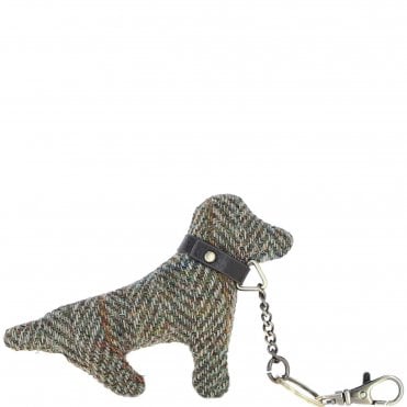 Authentic Harris Tweed® Cloth Dog-Shaped Keychain Made By Ashwood Leather Brown/Green: TW-54-09-BG