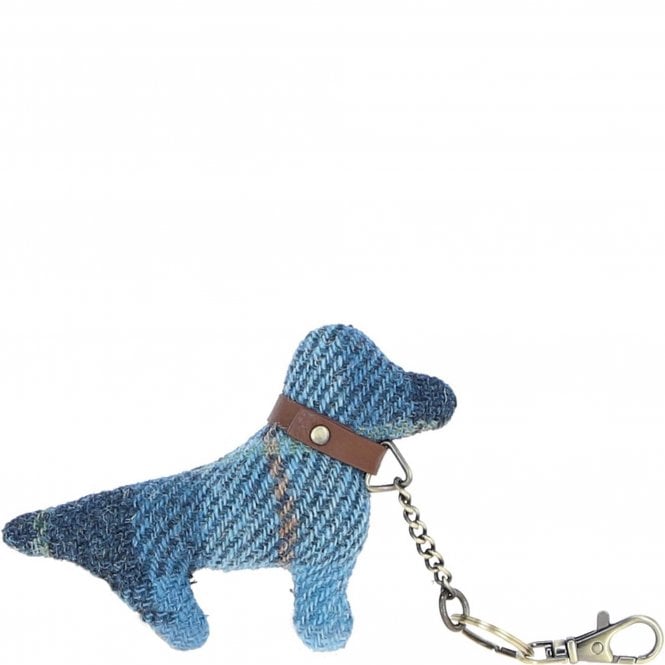 Ashwood Authentic Harris Tweed® Cloth Dog-Shaped Keychain Made By Leather Tan/LT Blue: TW-54-05-TB