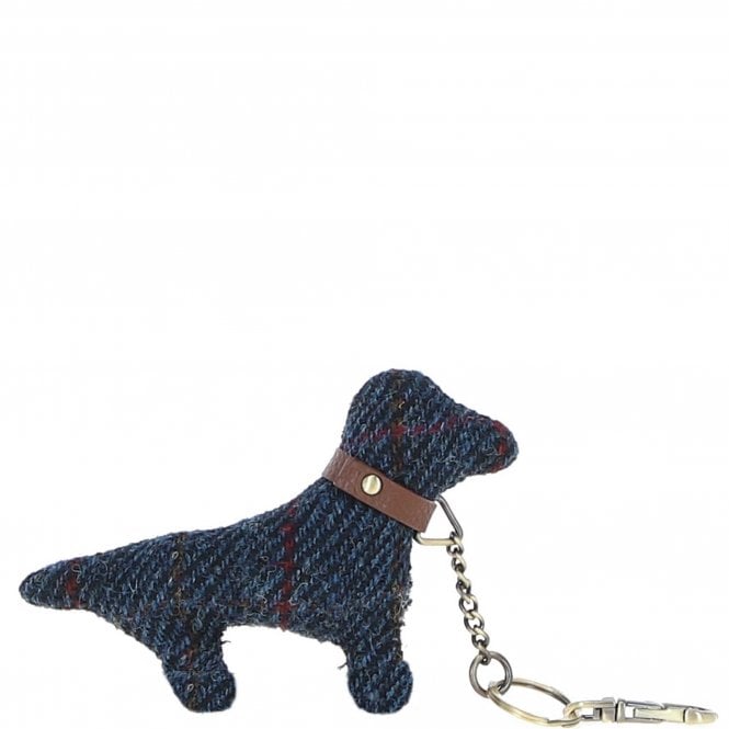 Ashwood Authentic Harris Tweed® Cloth Dog-Shaped Keychain Made By Leather Tan/Navy: TW-54-11-TN