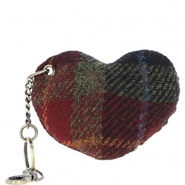 Authentic Harris Tweed® Cloth Heart-Shaped Keychain Made By Ashwood Leather Black/Green/Red: TW-53-07-BR