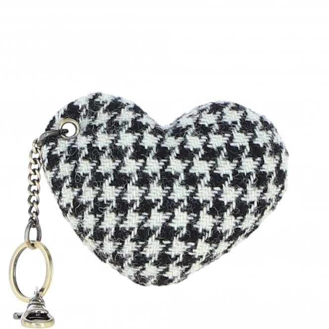 Ashwood Authentic Harris Tweed® Cloth Heart-Shaped Keychain Made By Leather Black/White: TW-53-12-BW