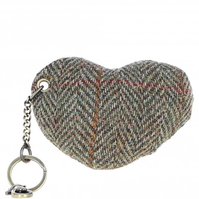 Ashwood Authentic Harris Tweed® Cloth Heart-Shaped Keychain Made By Leather Brown/Green: TW-53-09-BG