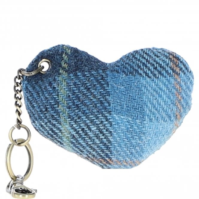 Ashwood Authentic Harris Tweed® Cloth Heart-Shaped Keychain Made By Leather Tan/LT Blue: TW-53-05-TB