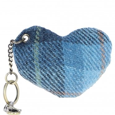 Authentic Harris Tweed® Cloth Heart-Shaped Keychain Made By Ashwood Leather Tan/LT Blue: TW-53-05-TB