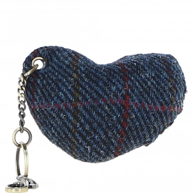 Ashwood Authentic Harris Tweed® Cloth Heart-Shaped Keychain Made By Leather Tan/Navy: TW-53-11-TN