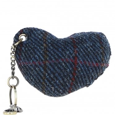 Authentic Harris Tweed® Cloth Heart-Shaped Keychain Made By Ashwood Leather Tan/Navy: TW-53-11-TN