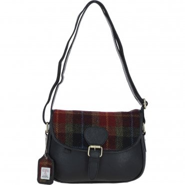 Elegant Ashwood Leather & Harris Tweed® Cloth Crossbody Bag Black/Green/Red: TW-27-07-BR