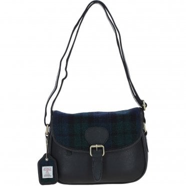 Elegant Ashwood Leather & Harris Tweed® Cloth Crossbody Bag Black/Watch: TW-27-03-BW